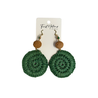 First Nations Fashionista - Handmade Aboriginal Art Woven Drop Earrings (GREEN with Stone & Quandong Detail)