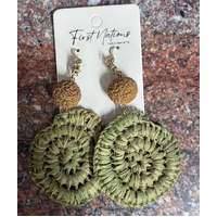 First Nations Fashionista - Handmade Aboriginal Art Woven Drop Earrings (Light GREEN with Stone & Quandong Detail)