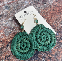 First Nations Fashionista - Handmade Aboriginal Art Woven Drop Earrings (Green with Stone Detail)