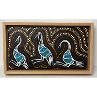 Original Aboriginal Art (Boxed Framed) Painting Stretched Canvas (32cm x 18.5cm) - Brolgas Dancing