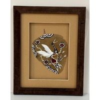 Framed Aboriginal Dot Art Handpainted Gumleaf (31cm x 25cm) - Brolga (Beige)