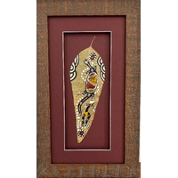 Framed Aboriginal Dot Art Handpainted Gumleaf (36cm x 21cm) - Lizard (Maroon)