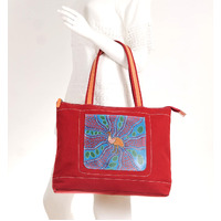 Nikki Dee Hand Painted Leather and Denim Combination Handbag (38 X 33 X10cm) - Emu Egg Hunting Time