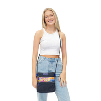 Yakinno Gunditjmara Dreaming Leather/Denim Canvas XBody Shoulder Bag (26cm x 23cm) - Road to Freedom