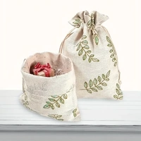 Linen Drawstring Gift Bag - Leaf (14cm x 10cm)