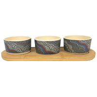 Utopia Aboriginal Art Bamboo Fibre Snack Bowl Set (3) with Timber Base - My Country