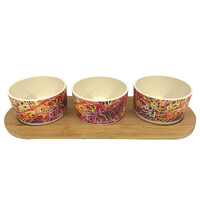 Utopia Aboriginal Art Bamboo Fibre Snack Bowl Set (3) with Timber Base - Women's Ceremony