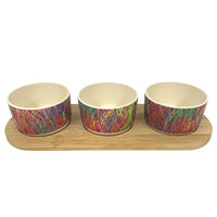 Utopia Aboriginal Art Bamboo Fibre Snack Bowl Set (3) with Timber Base - Grass Seed Dreaming