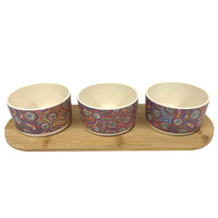 Utopia Aboriginal Art Bamboo Fibre Snack Bowl Set (3) with Timber Base - Bush Orange