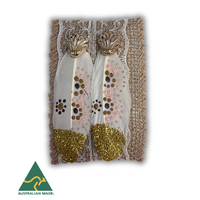 Aboriginal Art Handpainted Feather Earrings - White Feather with Gold Shell