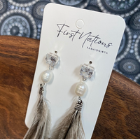 First Nations Fashionista - Handmade Aboriginal Art Pendant Earrings - Emu Feather with Pearl Bead and Stud Back