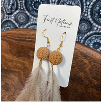 First Nations Fashionista - Handmade Aboriginal Art Pendant Earrings - Quandong Seed with Emu Feather