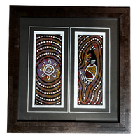 Original Aboriginal Art (Framed) Painting Strip Canvas (27cm x 26.5cm) - Kangaroo & Meeting Place