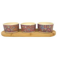 Utopia Aboriginal Art Bamboo Fibre Snack Bowl Set (3) with Timber Base - Bush Orange