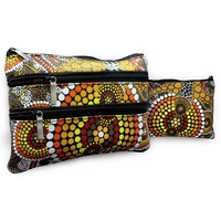 Bunabiri Aboriginal Art 3 Zip Cotton Cosmetic Purse - Ochre Kangaroo