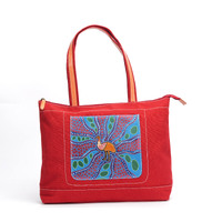 Nikki Dee Hand Painted Leather and Denim Combination Handbag (38 X 33 X10cm) - Emu Egg Hunting Time