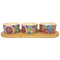 Utopia Aboriginal Art Bamboo Fibre Snack Bowl Set (3) with Timber Base - My Mother&#39;s Country