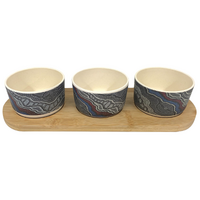 Utopia Aboriginal Art Bamboo Fibre Snack Bowl Set (3) with Timber Base - My Country