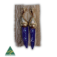 Aboriginal Art Handpainted Feather Earrings - Purple Feather with Gold Tear Drop