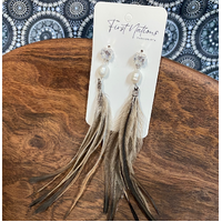 First Nations Fashionista - Handmade Aboriginal Art Pendant Earrings - Emu Feather with Pearl Bead and Stud Back