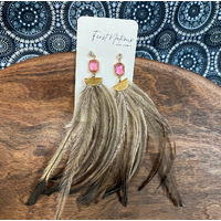 First Nations Fashionista - Handmade Aboriginal Art Pendant Earrings - Emu Feather with Glass Stones and Stud Back