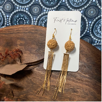 First Nations Fashionista - Handmade Aboriginal Art Pendant Earrings - Quandong Seed with Chain Drop Tassel