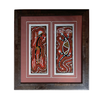 Original Aboriginal Art (Framed) Painting Strip Canvas (27cm x 26.5cm) - Goanna &amp; Warrior