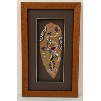 Framed Aboriginal Dot Art Handpainted Gumleaf (31cm x 19cm) - Emu (Taupe)