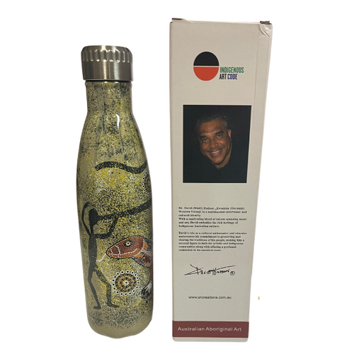 David Hudson Aboriginal Art Stainless Steel Bottle - 500ml - Ganyal-Yabani (Goanna Hunt)