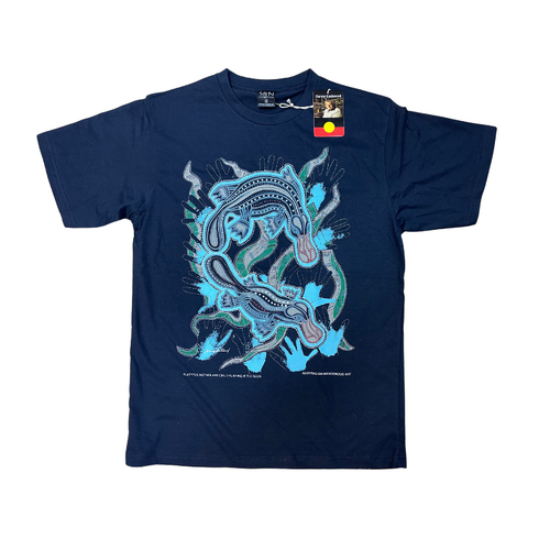 Platypus Mother & Baby Playing In the Reeds [Navy] - Aboriginal design T-Shirt  [size: Small]