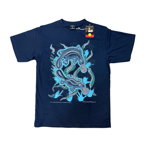 Platypus Mother & Baby Playing In the Reeds [Navy] - Aboriginal design T-Shirt  [size: XLarge]
