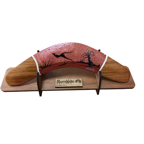 Handpainted Aboriginal Landscape Art Giftboxed Boomerang & Stand (25cm)