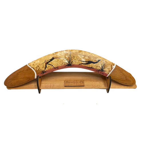 Aboriginal Landscape Art handpainted Giftboxed Boomerang & Stand (35cm)