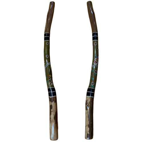  Eucalyptus handpainted Ironbark Didgeridoo [1.3m] - Brolga and Warrior (Green/Red)