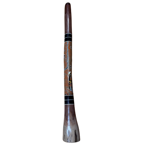 Eucalyptus (Ironbark) Handpainted Didgeridoo (1.30m) - Bell with Kangaroo and Warrior (Orange)