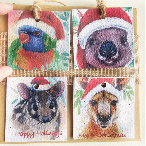 Native Seed Box Plantable Greeting Card - Christmas Native Animals Gift Tags - Square (Set 4)