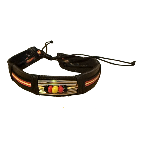 Aboriginal Wristband - KW 15mm Black Leather 5 Bead Wristband