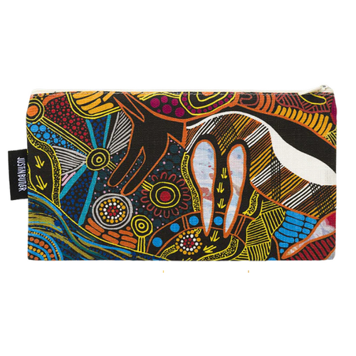 Justin Butler Aboriginal Art Cotton Zip Bag - The Dingo & Kangaroo Storyline