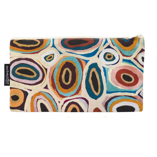 Martumili Aboriginal Art Cotton Zip Bag - Warntili, Canning Stock Route Well 25