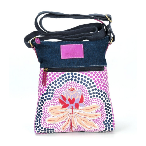 By Meeka Leather/Denim Canvas XBody Shoulder Bag (26cm x 20cm) - Waratah