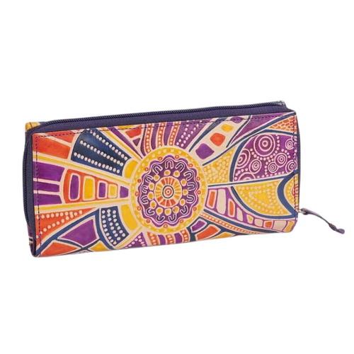 Yakinno Gunditjmara Dreaming Genuine Leather Ladies Trifold Wallet (11cm X 21cm) -  Road to Freedom (Purple)