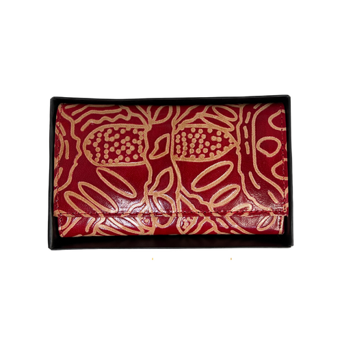 Keringke Aboriginal Art Leather Ladies 3 fold Wallet (Medium) - Red