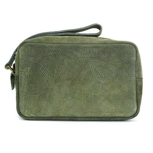 Better World Aboriginal Art Men's Leather Embossed Toiletry Bag - Sandhills (Khaki)