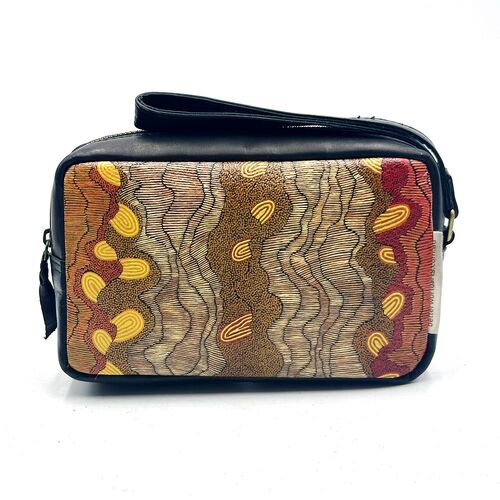 Better World Aboriginal Art Men's Printed Leather Toiletry Bag - Sandhills 