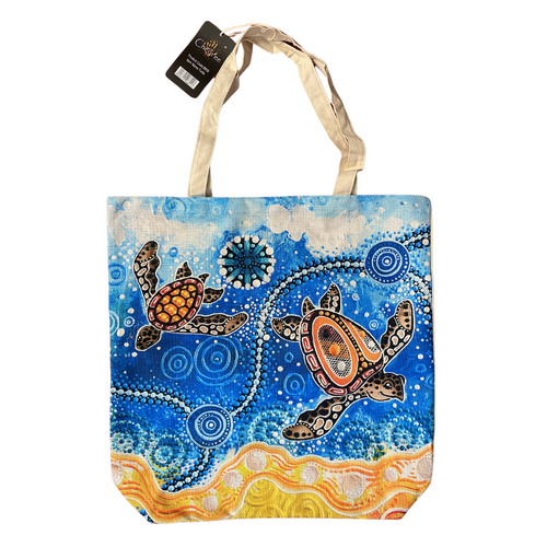 Chern'ee Sutton Aboriginal Art Cotton Canvas/Hessian Tote Bag - Yuanati (Turtle)