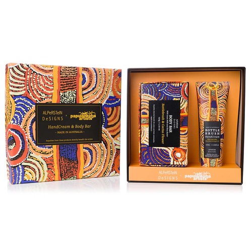 Papulankutja Aboriginal Art Bottlebrush Handcream & Soap Giftbox Set - Mulga Country