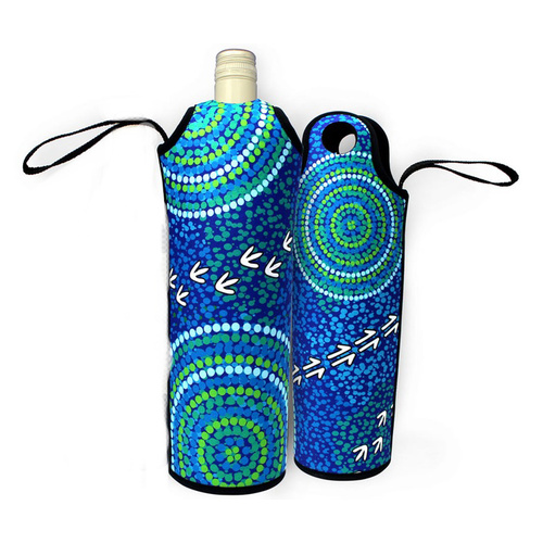 Bunabiri Aboriginal Art Neoprene Wine Bottle Cooler - The Wet Season (Blue)