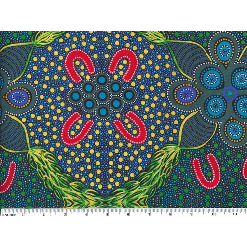 Leaves & Fruit (Blue/Gold) - Aboriginal design Fabric