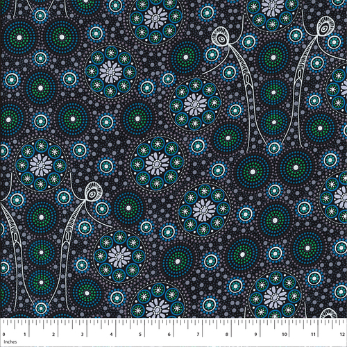 Gathering Bush Tucker (Black) [SCRAP 1M] - Aboriginal design Fabric