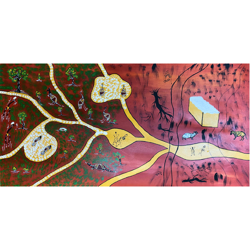 Original Aboriginal Art Stretched Canvas (1.20m x 0.6m) - The Darling River Basin - Before and After Colonisation